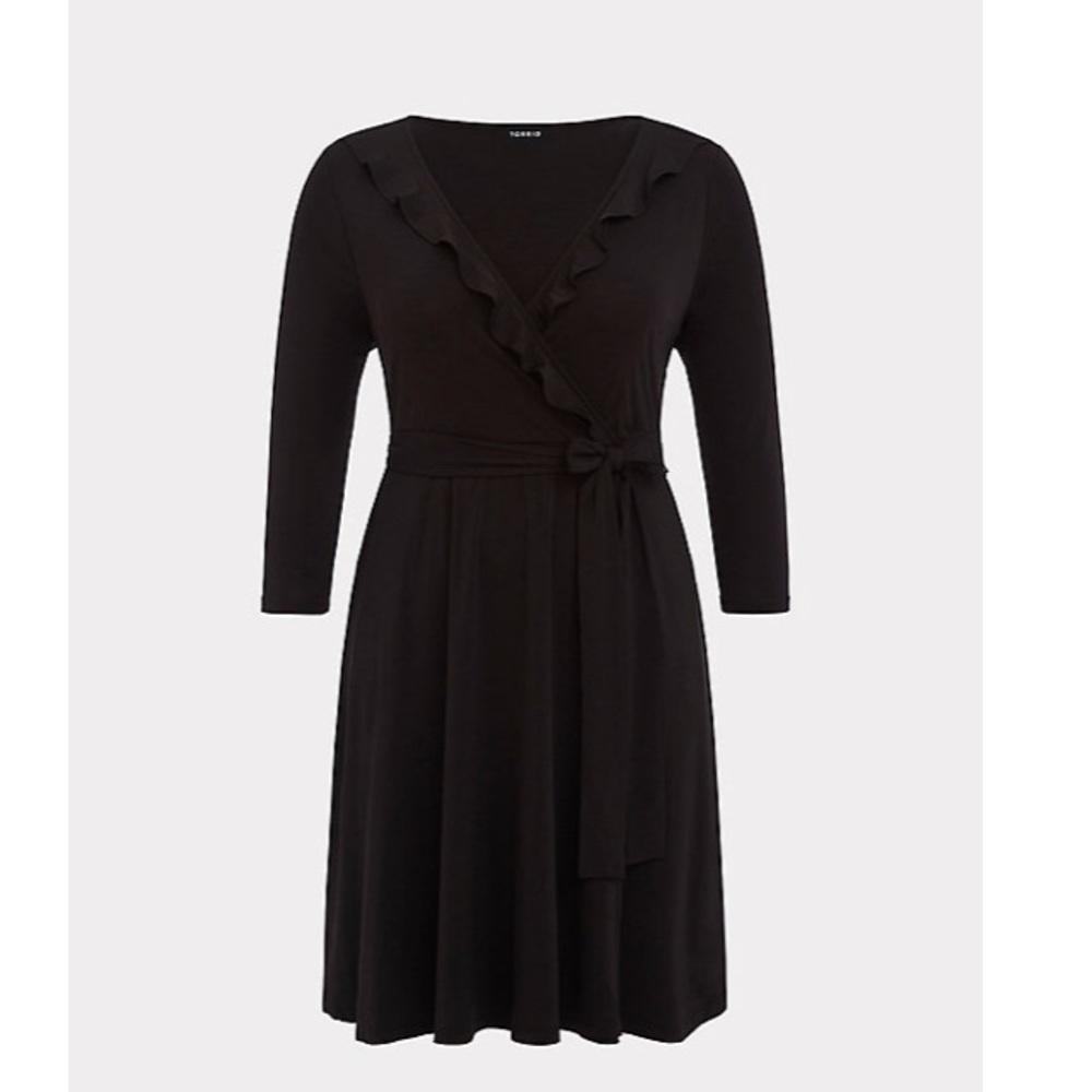Black Ruffle Studio Knit Wrap Dress